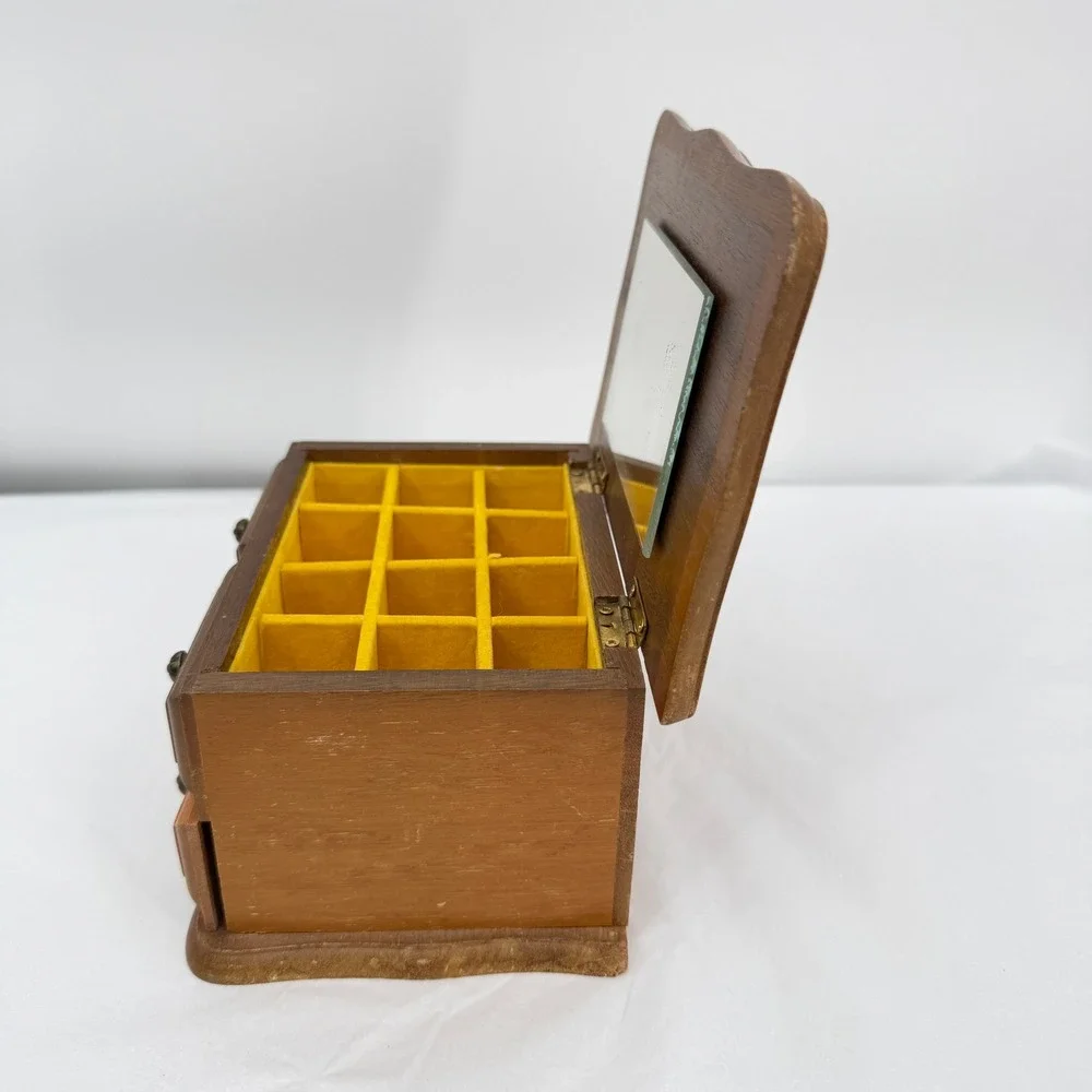 Price Imports Wooden Jewelry Box Mirror Drawer VTG Felt Lined Retro Vanity